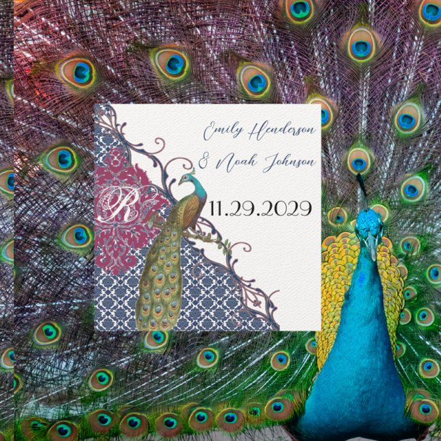 Convites Marinho e Raspberry Peacock Damask Salvar a Data (Criador carregado)