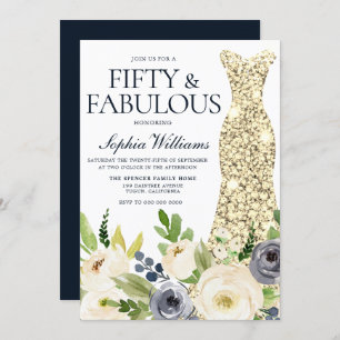 Convites Marinho e vestido branco Dourado floral 50ª Festa