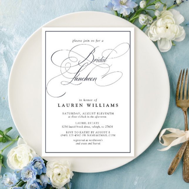 Convites Marinho Elegante Almofada Azul de Caligrafia (Easily personalize this beautiful bridal luncheon invitation for the perfect celebration!)
