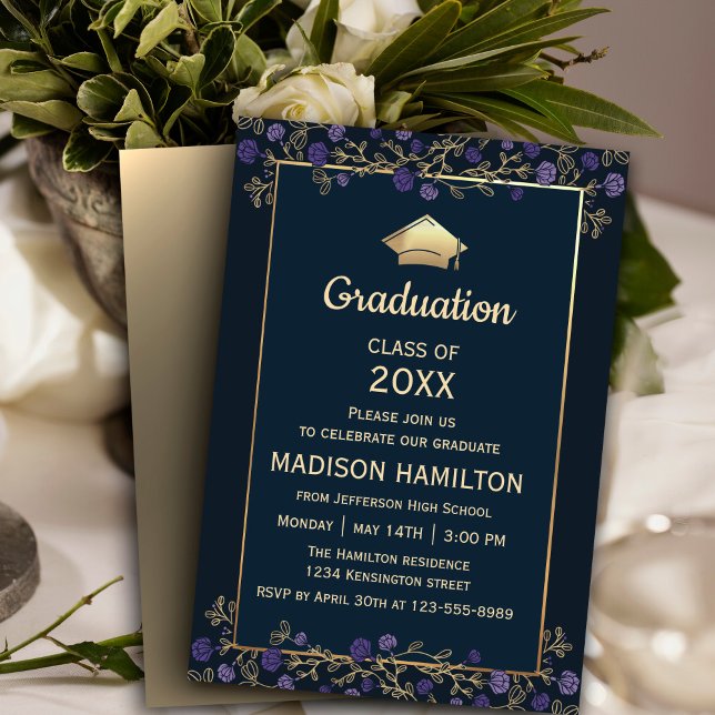 Convites Marinho Elegante Azul e Festa de formatura Dourada (Elegant Navy Blue and Gold Graduation Party Invitation, 
 #purpleinvitation #purplegraduation )