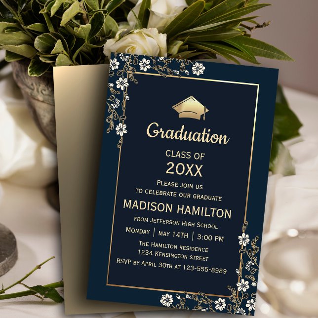 Convites Marinho Elegante Azul e Festa de formatura Dourada (Elegant Navy Blue and Gold Graduation Party Invitation #graduationparty #graduate #navyandgold)