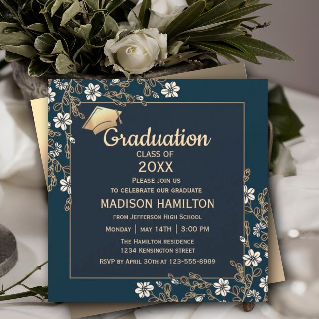 Convites Marinho Elegante Azul e Festa de formatura Dourada (Elegant Navy Blue and Gold Graduation Party Invitation, Gold Frame Luxury Graduation,  #navygold)