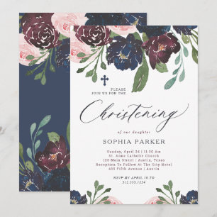 Convites Marinho Elegante Azul e Plum Floral  Natal