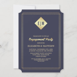 Convites Marinho Elegante Azul | FESTA DE NOIVADO DOURADA