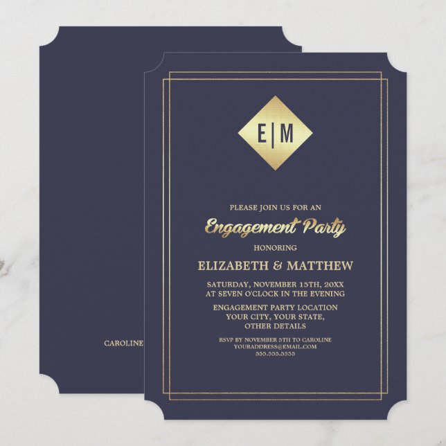 Convites Marinho Elegante Azul | FESTA DE NOIVADO DOURADA (Frente/Verso)