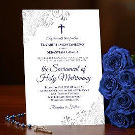 Convites Marinho Elegante Azul no Casamento Católico Modern
