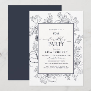 Convites Marinho Elegante Blue 50th Birthday Floral