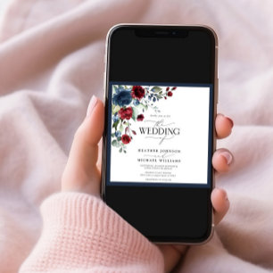 Convites Marinho Elegante Blue Burgundy Floral Watercolor F