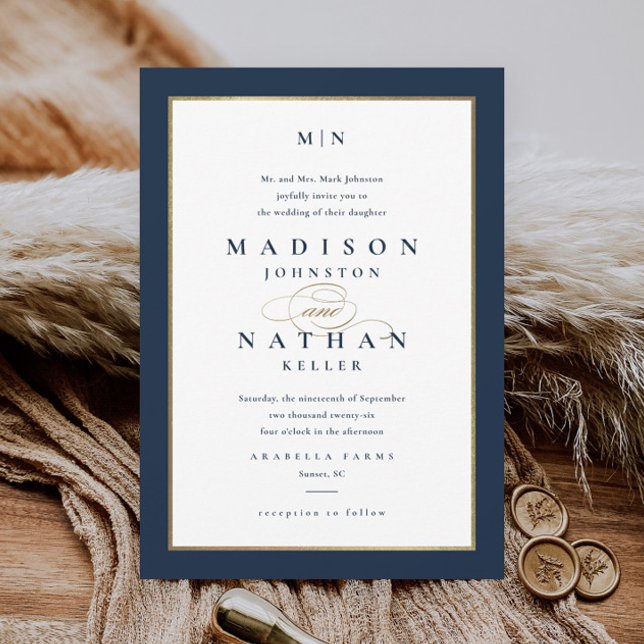 Convites Marinho Elegante Blue e Dourado Casamento (Elegant Typography Navy Blue and Gold Wedding Monogram Invitation.)