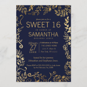 Convites Marinho Elegante Blue e Dourado Floral Sweet 16 Co