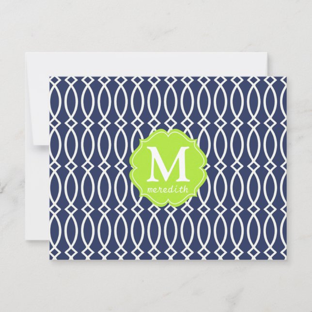 Convites Marinho Elegante Blue Modern Trellis Monogrammed (Frente)