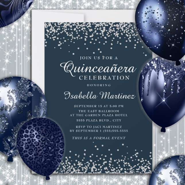 Convites Marinho Elegante Blue Silver Confetti Quinceañera (Navy blue and silver glitter Quinceañera birthday party invitation)