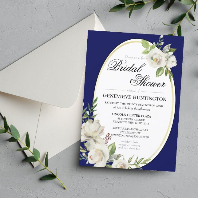 Convites Marinho Elegante Chá de panela Azul Floral Dourado (Elegant Blue White Rose Bridal Shower Invitation
)