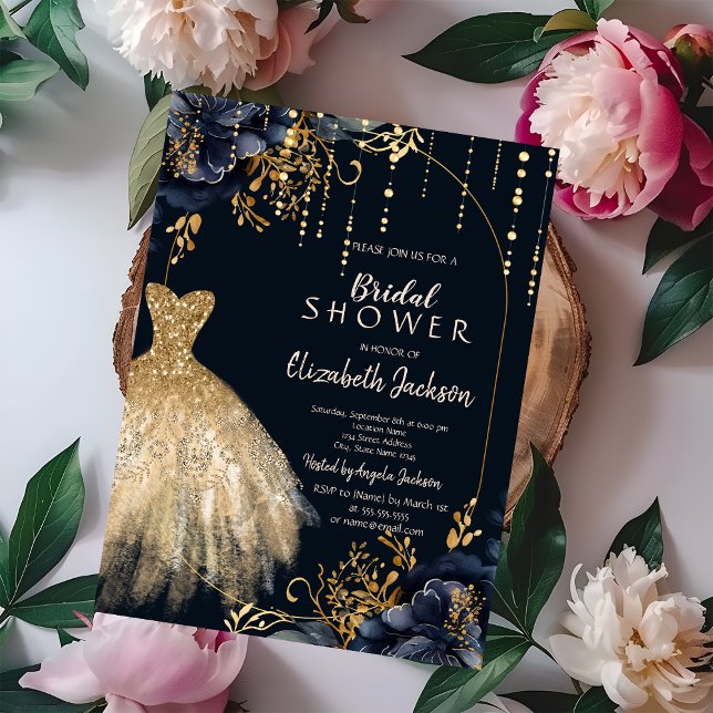 Convites Marinho Elegante Chá de panela Flores Azuis (Criador carregado)