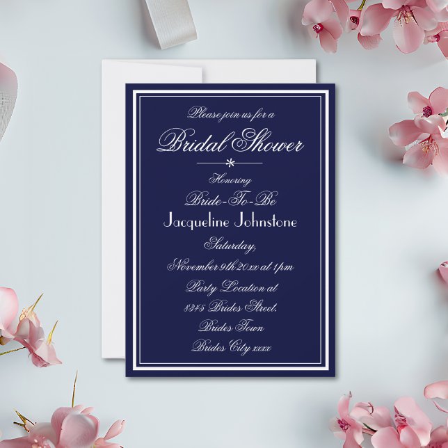 Convites Marinho Elegante Clássico Azul E Chá de panela Bra (Simple, Elegant, Navy Blue and White Bridal Shower Invitation.)