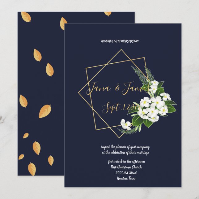 Convites Marinho Elegante Clássico Casamento Geométrico (Frente/Verso)