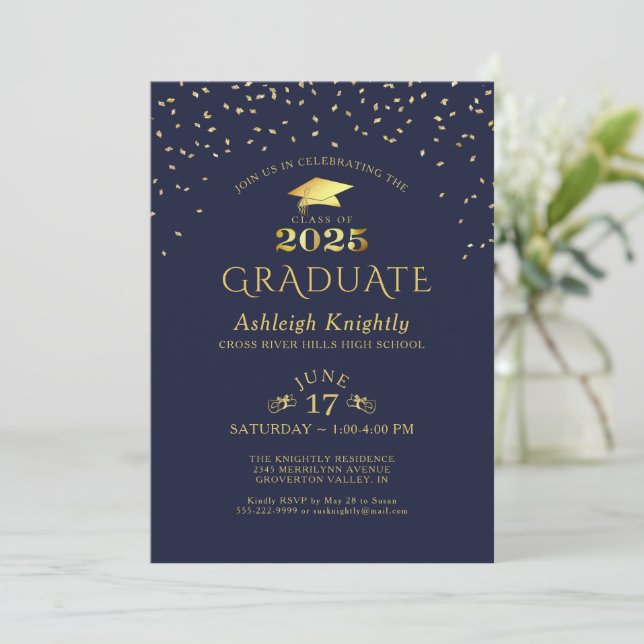 Convites Marinho Elegante Confetti Dourado 2025 (Em pé/Frente)