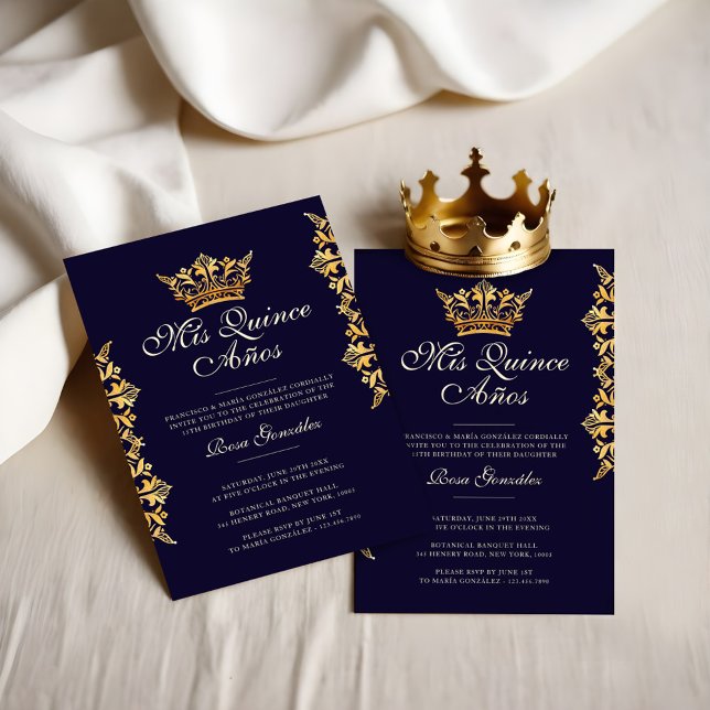 Convites Marinho Elegante da Coroa Dourada Real Quinceañera (Royal Gold Leaf Crown Elegant Navy Quinceañera Invitation)