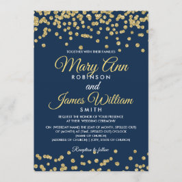 Convites Marinho Elegante de Casamento Dourado Faux Glitter
