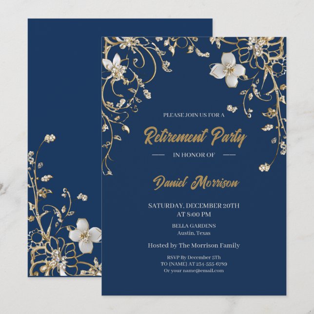 Convites Marinho Elegante Dourado Floral Frame Retirement 2 (Frente/Verso)