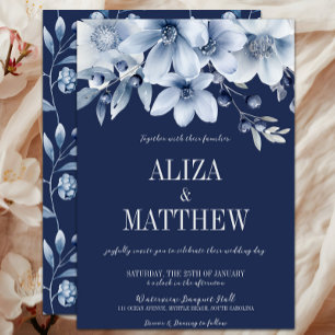 Convites Marinho Elegante e Casamento Floral Azul Claro