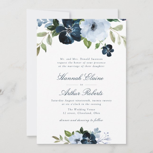 Convites marinho elegante e casamento floral azul claro (Frente)