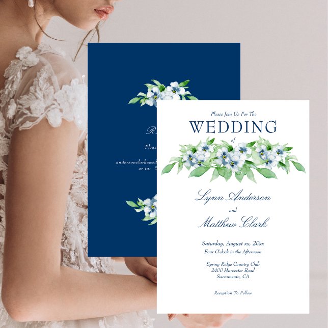 Convites Marinho Elegante e Casamento Floral Branco (Elegant Navy and White Floral Wedding Invitation)