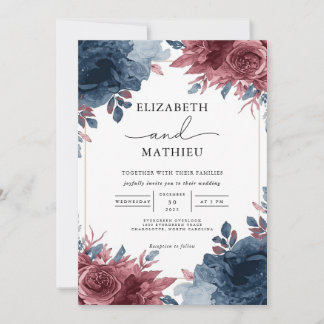 Convites Marinho Elegante e Casamento Floral Burgundy