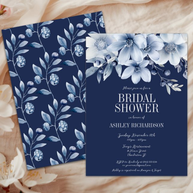 Convites Marinho Elegante e Chá de panela Floral Azul Claro (Azure Blue Navy Floral Bridal Shower Invitation, Winter Wedding Shower, Fall Autumn Flowers, Elegant)