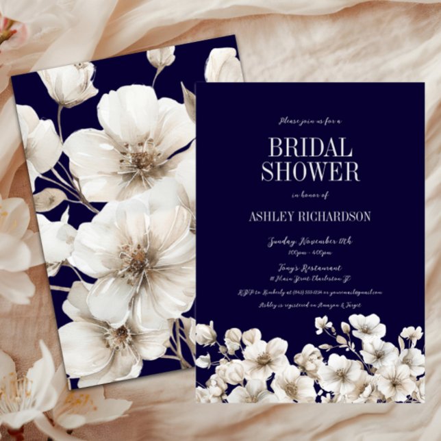 Convites Marinho Elegante e Chá de panela Floral Branco (Navy Floral Bridal Shower Invitation, Love in Bloom Winter Wedding Shower, Fall Autumn, Elegant)