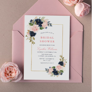 Convites marinho elegante e chá de panela floral de pincel