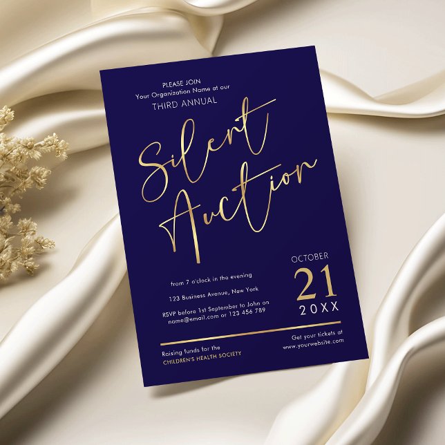 Convites Marinho Elegante e Leilão Silencioso Anual de Negó (Silent auction invitation design in navy and gold with elegant script fonts)