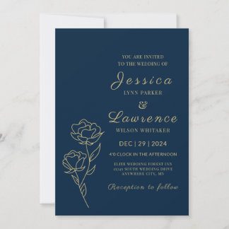 Convites Marinho Elegante moderno, azul e ouro Casamento Fl