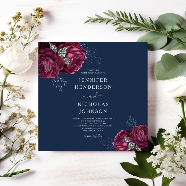 Convites Marinho Elegante, Peões Vermelhos Borgonhetas (Elegant Navy Blue Burgundy Red Floral Peonies Invitation)