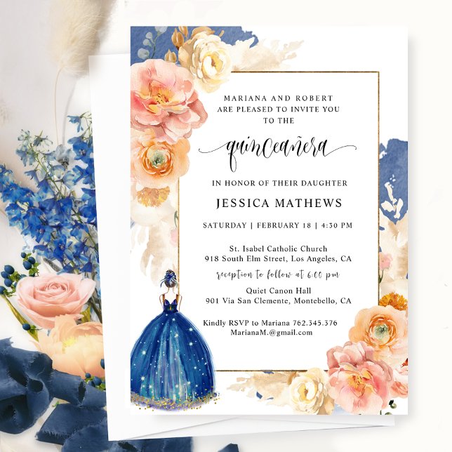 Convites Marinho Elegante Princesa Floral Azul Quinceañera (Criador carregado)