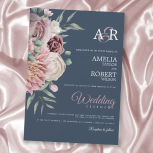 Convites Marinho Elegante Rosa Watercolor Floral Invitati
