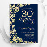 Convites Marinho Elegante Rosas Dourados azuis aniversário<br><div class="desc">convite de festas marinho aniversário de 30 anos azul-ouro floral. Design elegante com rosas, folha de ouro falsa e letra de script de tipografia. A Trendy convida o cartão perfeito para uma festa de na moda. Pode ser personalizado para qualquer idade. Impressos convites Zazzle ou modelo de impressão digital instantânea...</div>