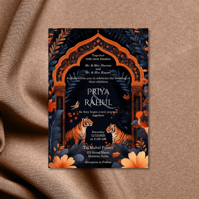 Convites Marinho Elegante Tigres Arch Casamento Indiano (indian wedding invitation with two tigers)
