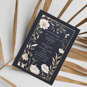 Convites Marinho Escuro Dourado de Casamento Branco