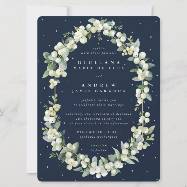 Convites Marinho Escuro Grande Snowberry+Eucalyptus Wedding (Frente)