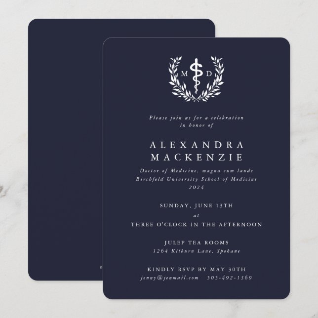 Convites Marinho escuro MD Asclepius + Laurel Wreath Gradua (Frente/Verso)