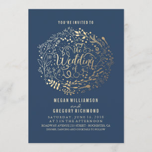 Convites Marinho Faux Gold Foil Buquê Floral Casamento