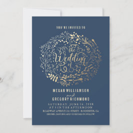Convites Marinho Faux Gold Foil Floral Buquê Casamento