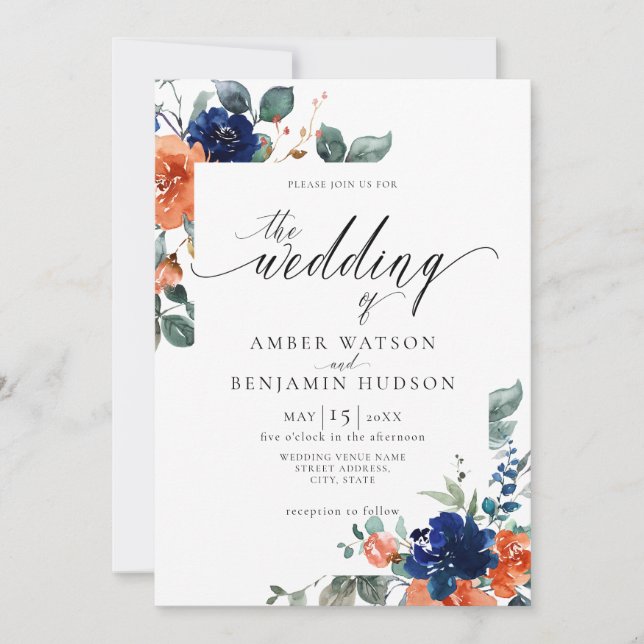 Convites Marinho Floral Arrojado Laranja Ferrugem Casamento (Frente)