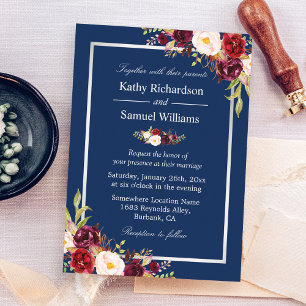 Convites Marinho Floral Azul Casamento no inverno Azul