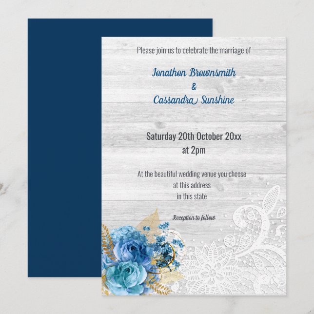 CONVITES MARINHO FLORAL  AZUL MARINHO DE CASAMENTO RUSTICO (Frente/Verso)