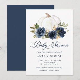 Convites Marinho Floral Azul Pumpkin Dourado Chá de fraldas