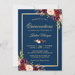 Convites Marinho Floral Azul Quinceanera Aniversário