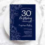 Convites Marinho Floral Branco do aniversário de 30 anos<br><div class="desc">Convite de festas aniversário de 30 anos Floral Branco marinho. Design minimalista moderno com desenhos botânicos em destaque e letra de script de tipografia. Simples trendy convida cartão perfeito para uma festa de na moda. Pode ser personalizado para qualquer idade. Impressos convites Zazzle ou modelo de impressão digital instantânea para...</div>