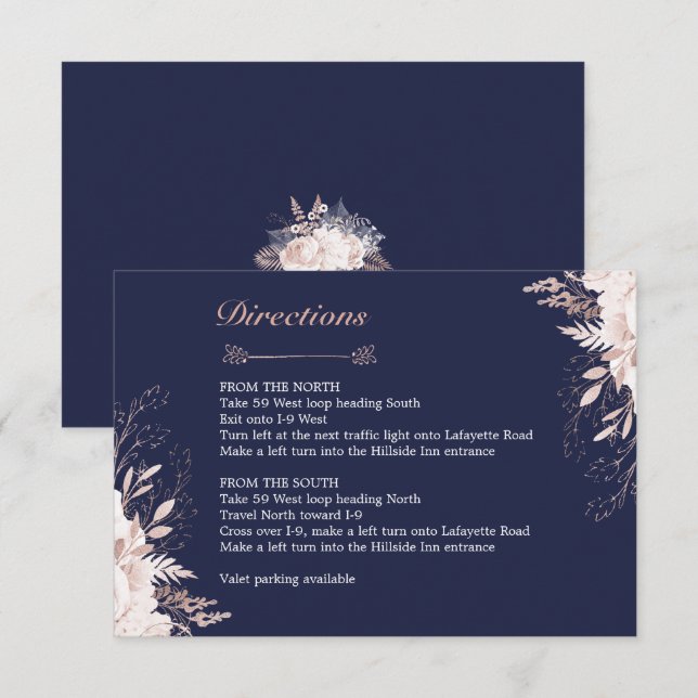 Convites Marinho Floral Branco Dusty Rosa Direções Azuis (Frente/Verso)